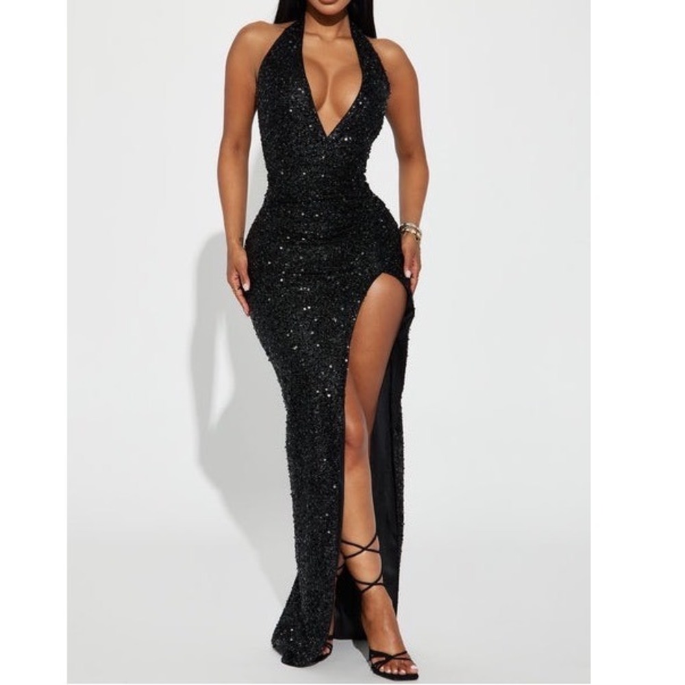 Fashion Nova Black Sequin Maxi Dress Halter High Slit Backless Ruched Gown Vamp